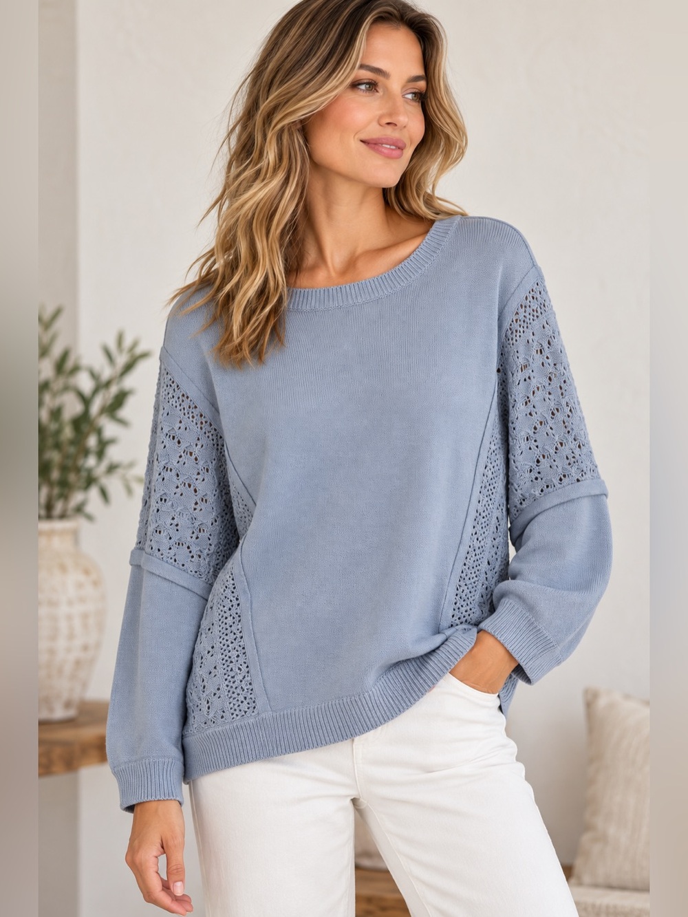 J. Jill Pure Jill Elements XL Rain Drop Blue Cotton Open Knit Sleeve Sweater NWT